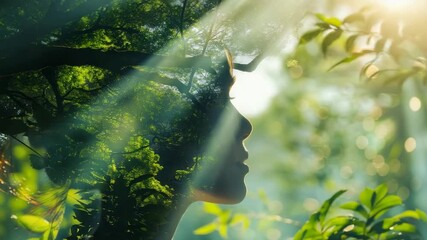 double exposure of beautiful woman face profile silhouette and green forest. Environment protection, saving forests, ecology, breathing exercises, mental health, unity with nature, meditation, calm - Powered by Adobe