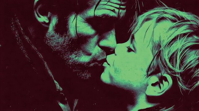 A man and a child are shown in a close-up, intimate moment, with a striking green and dark red color treatment. - Powered by Adobe