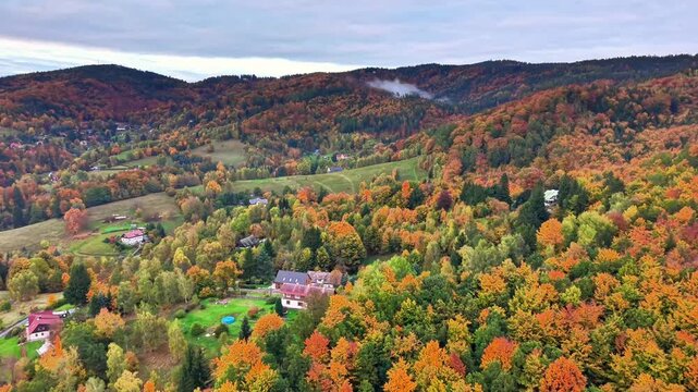 autumnal rural tableau with scattered dwellings and winding pathways create peaceful scenery