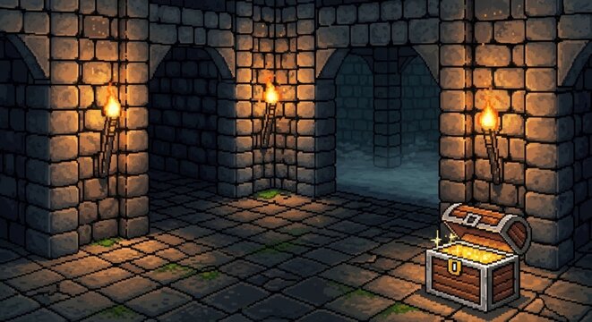 Pixelated treasure chest in a stone dungeon with torches