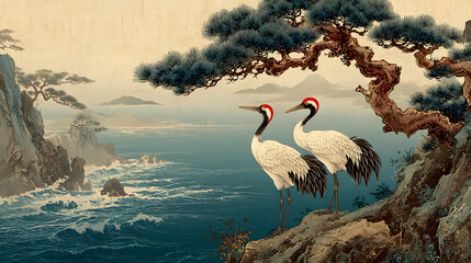 Naklejka premium Japanese cranes standing on rock formation overlooking sea
