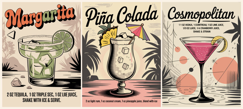 Vintage-style cocktail menu vector featuring Margarita, Piña Colada, and Cosmopolitan in a triptych layout with classic recipes, colorful backgrounds, and retro palm-frond accents