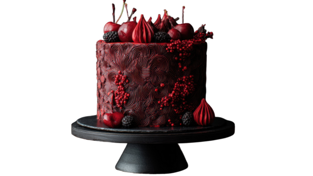 Red birthday cake with Christmas candle decoration isolated on white background with fresh green berry and holiday ribbon - Powered by Adobe