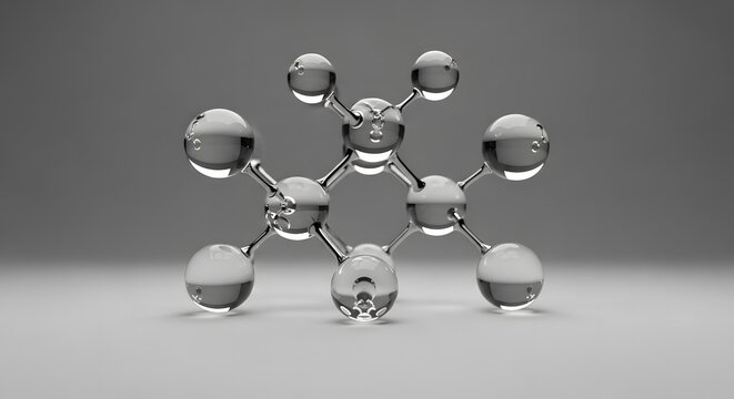 A 3D rendering of a transparent molecular structure with spheres connected by rods, against a neutral gray background.