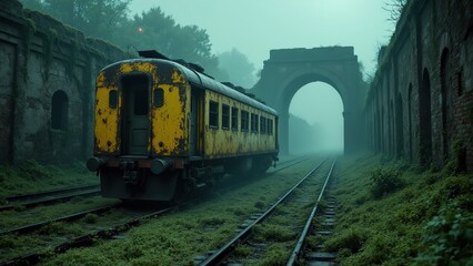 Obraz premium Abandoned Yellow Train in Foggy Environment Surrounded by Ruins