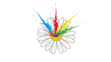 A daisy with colorful paint splatters erupting from its center