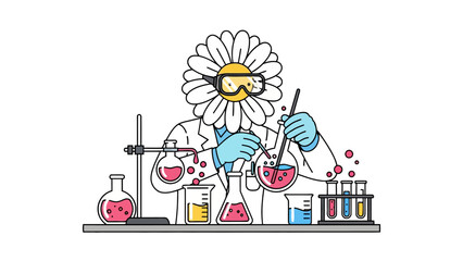 A daisy with goggles conducts a science experiment with beakers