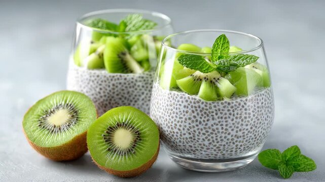 Two servings of coconut milk chia pudding garnished with fresh kiwi slices and mint on a neutral gray surfacecreamy, healthy breakfast or dessert for clean eating and detox