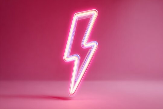 A neon lightning bolt glows brightly against a soft pink background. The striking design adds energy and boldness to any space, showcasing modern decor