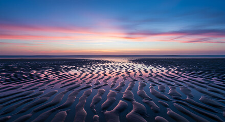 Obraz premium Beach at dusk wet sand pink sky horizon line low tide