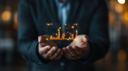 a male executive holding a transparent goal icon with financial growth charts behind him