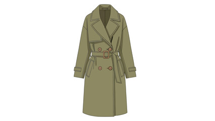 A doublebreasted trench coat in olive green with a belt
