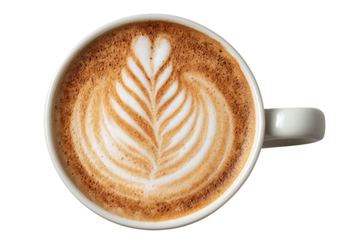 Overhead view of a frothy coffee with intricate latte art design