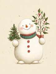 Cheerful snowman holding a Christmas tree and holly branches in a festive winter illustration