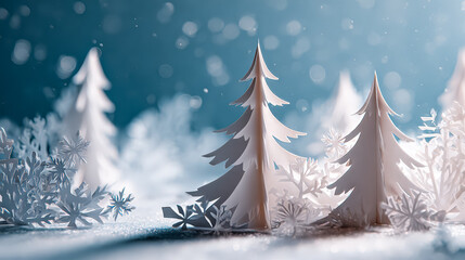 Paper cutout Christmas trees and snowflakes creating a festive winter wonderland scene