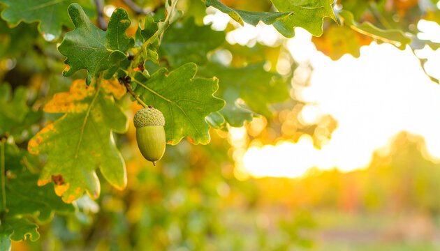 Oak tree leaves in autumn with acorn. Sunny golden background, AI. - Powered by Adobe