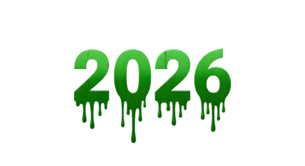 The year 2026 in green slime dripping letters isolated on transparent background