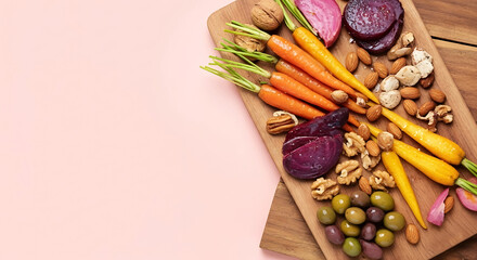 Colorful Fresh Vegetables and Nuts Arranged on Wooden Board