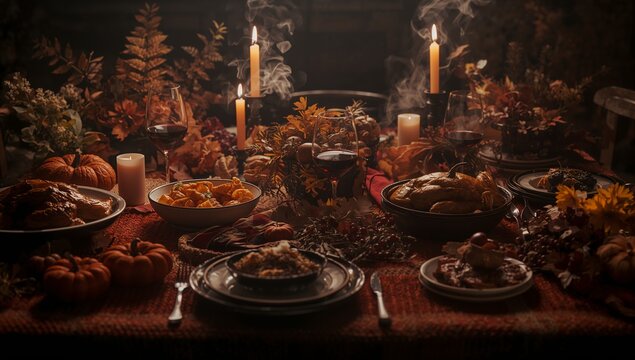 Cozy Autumn Thanksgiving Table with Warm Candlelight and Seasonal Food	