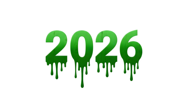 The year 2026 in green slime dripping letters isolated on transparent background