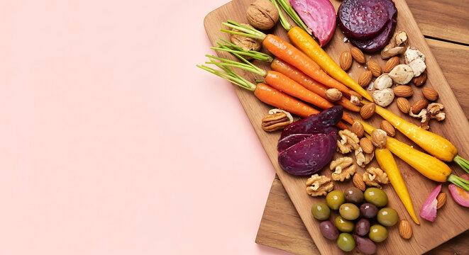Colorful Fresh Vegetables and Nuts Arranged on Wooden Board