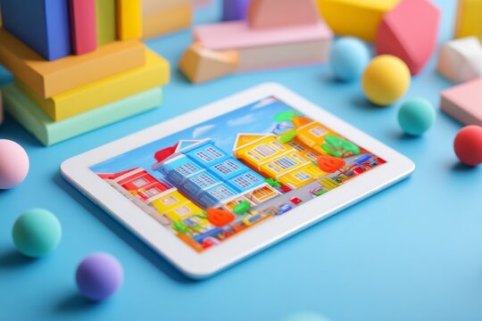 A bright tablet shows a colorful town illustration featuring houses with vibrant shades. Around it, there are various building blocks and soft balls scattered on a blue background