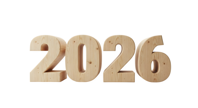 Wooden numbers 2026 isolated on transparent background, representing the upcoming year