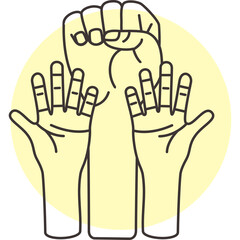 Illustration of Two Open Hands and A Raised Fist In Front Of A Yellow Circle On Transparent Background Representing Unity Strength And Support