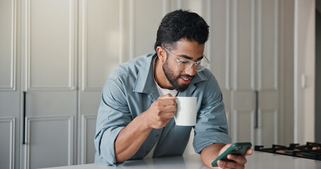 Man, coffee or scroll with phone in home for social media update, online dating site or text...