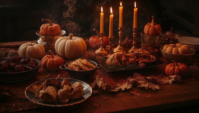 Cozy Autumn Thanksgiving Table with Warm Candlelight and Seasonal Food	