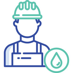 Illustrative Icon Of A Construction Worker In Blue Overalls And Green Hard Hat With A Water Drop Symbol In Teal Circle Representing Water Industry Or Plumbing Services On Transparent Background
