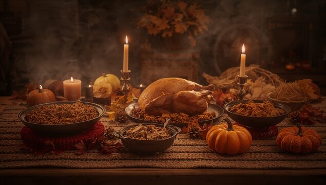 Cozy Autumn Thanksgiving Table with Warm Candlelight and Seasonal Food	