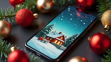 Theme Christmas, showcased on a modern smartphone with snow scene, selective focus