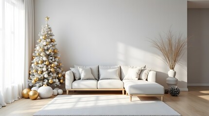 view of Elegant modern living room styled with a festive Christmas tree and cozy sofa
