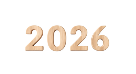 The year 2026 is made of light wood isolated on transparent background
