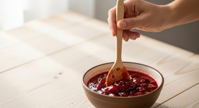 Woman stirring jam in a bowl with a wooden spoon on a table  