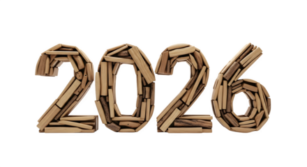 The year 2026 is made of wooden sticks isolated on transparent background