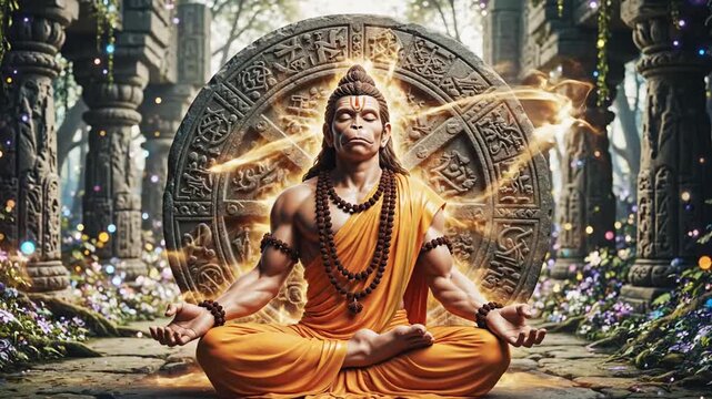Hanuman Meditating in Ancient Temple with Divine Aura and Spiritual Energy.