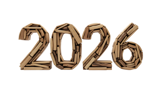 The year 2026 is made of wooden sticks isolated on transparent background
