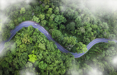 Aerial view of a winding road curving through lush green tropical forest with misty atmosphere. Scenic mountain highway surrounded by dense jungle and natural landscape.