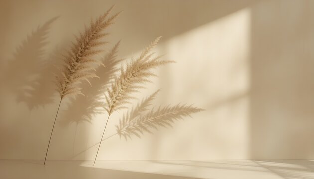 Pampas Grass Shadows on Beige Wall Creating Soft Natural Floral Silhouettes