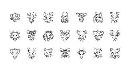 Set of african animal heads illustration in line art style, lion, leopard, cheetah vector for logo design, safari africa concept between 70 and 130 chars © PAPA
