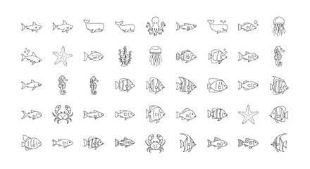Set of sea creatures, underwater animal icon collection vector illustration, shark, fish, whale, jellyfish, crab, starfish, octopus marine life drawing sketch, outline