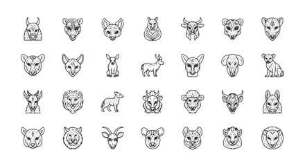 Collection of animals heads in line style illustration isolated on white background. Vector linear wild mammal silhouettes set, minimalistic animalistic logos template design