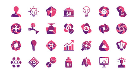 Collection of creative business vector illustrations, purple gradient icon designs for marketing and brand identity, modern symbol set, innovation and strategy