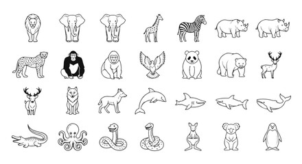 Wild Animals Line Art Collection, Lion, Elephant, Giraffe, Zebra, Rhino, Cheetah Vector Illustration Set, Wildlife Animal Doodle Style Drawing Design Elements