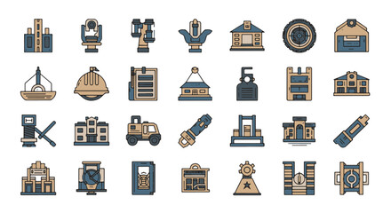 Construction and Architecture Icons Set Vector Illustration, Architectural blueprint and equipment, tools with building design elements in modern flat style