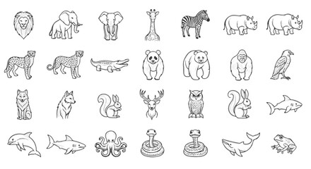 Diverse Animal Kingdom Illustration: Lion, Elephant, Giraffe, Zebra, Rhino, Cheetah, Crocodile and More. Black and White vector style.