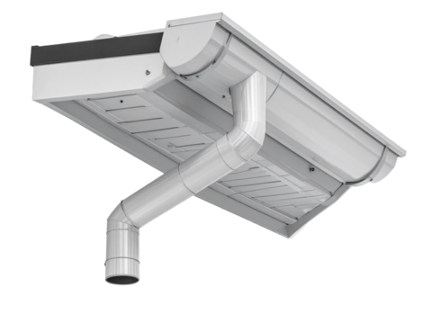 Modern silver house gutter system channels rainwater efficiently, featuring clean lines and a minimal style for contemporary architectural and construction needs.