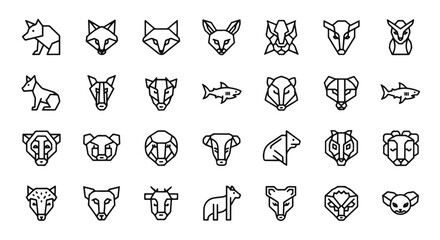 Set of Line Art Animal Head Vector Icons: Minimalist Style Animal Illustrations for Modern Graphic Design and Logo Creation